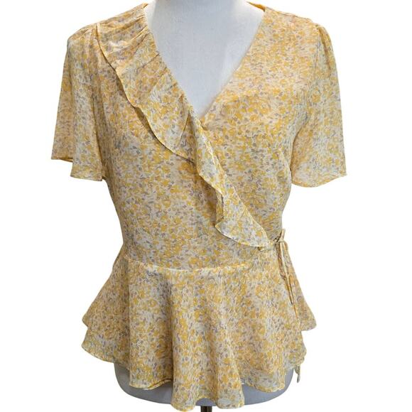 Skies Are Blue Floral Wrap Blouse Flutter Sleeve Sz S Cottage Core Femme - Picture 1 of 11